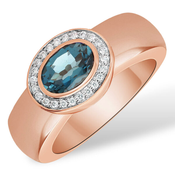 Brede Ring Kleine Ovale London Blue Topaas met Halo